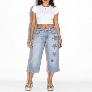 00s Vintage Star Print Capris Jeans Womens 12 Y2k Americana Blues Cropped Denim